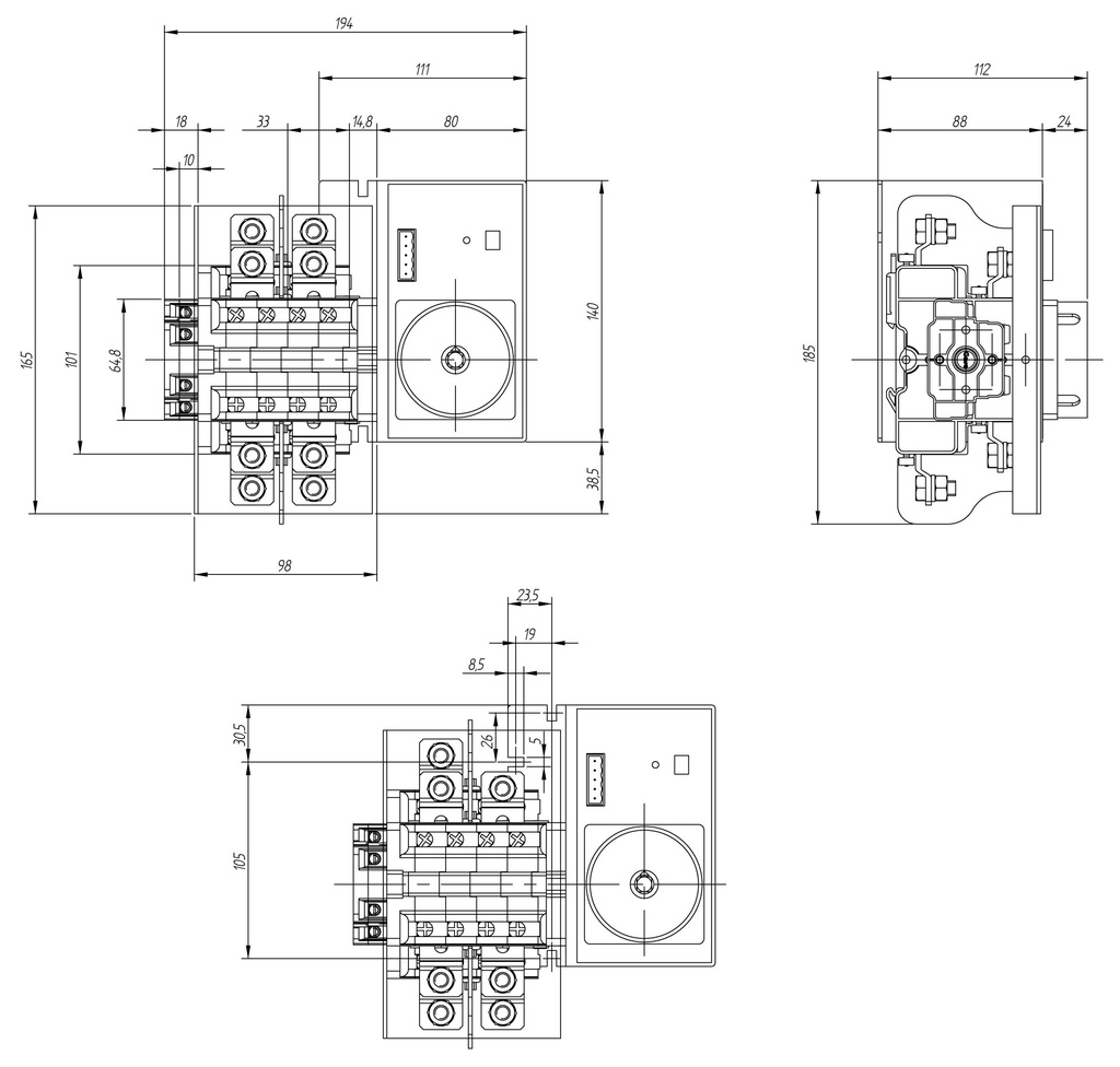 CONMUTADOR  MOTORIZADO ENTRADA INFERIOR 1-0-2 4P 200A. 12V DC